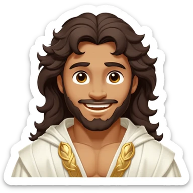 Cinematic Realistic Hercules Portrait, head tilted dramatically with an exaggeratedly amused expression, featuring expressive eyes and a hint of a roguish smile. His bronze, marble-like skin and thick, wavy dark hair, rendered with classical artistry, complement his flowing white robe adorned with delicate golden accents, all brought to life with dynamic natural lighting that captures a rare, playful moment from an enduring legend. sticker