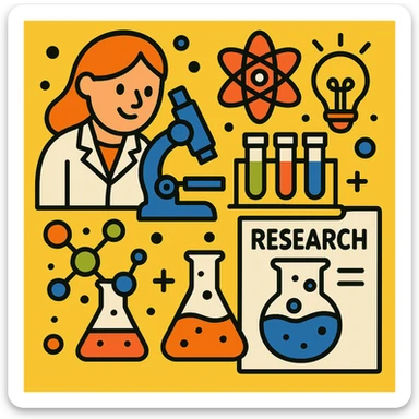 Add a microscope to the scientific research icon, keep it colorful, playful, cartoon style sticker