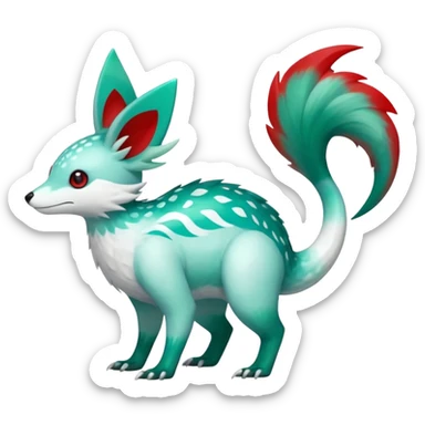  Shiny iridescent glossy oily smooth silky soft White with green-teal-turquoise-gradient with red streak markings and white belly and white points beautiful handsome gorgeous aesthetic colorful vibrant Vernid-Trico-species-Fakemon-creature by LiLaiRa, 4 legs, 1 tail, random markings, (full body) sticker