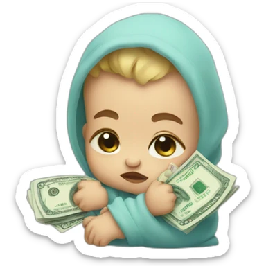 Crying baby holding money sticker