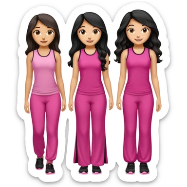 3 olive skin tone best friends. First one wearing pink gym attire modest with long black hair wavy. Second one wearing a pink fitted long maxi dress with curves long black hair and the last one wearing pink casual clothes with brown mid length hair similing looking glammed up  sticker