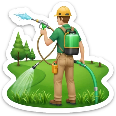 man with a emerald green shirt and tan pants on with backpack chemical sprayer on his back with the hose in his hand pointed downwards at bright green grass sticker