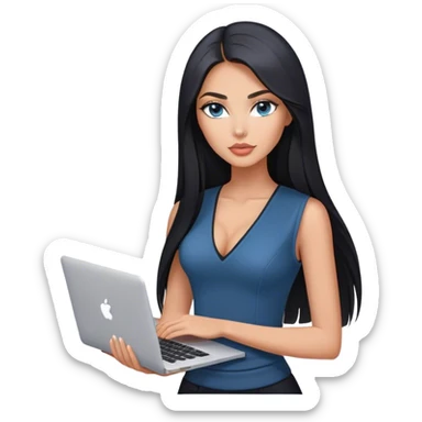 Glamours tanned very beautiful girl with pump peach nude lips and black straight smooth long hair, blue-grey eyes in beautiful v-neck black vest from the suit (short sleeves) no blazer and no anything under the vest, only vest with MacBook sticker