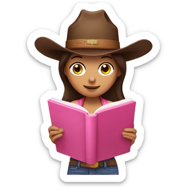 brunette reading a pink book and cowboy hat sticker