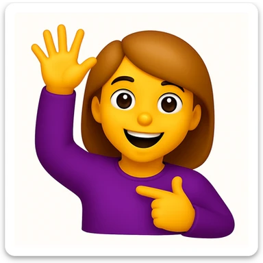 A 3D emoji in iOS emoji aesthetic style of a cheerful cartoon person raising one hand in the air while pointing to themselves with the other hand, smiling proudly, expressive and confident pose, glossy Apple-style design, clean white background
 sticker