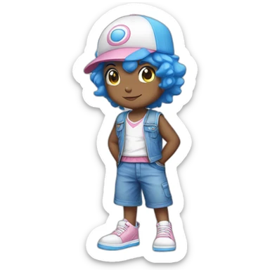 I want a drawing of a child with a pokemon hat, blue hair, a white t-shirt with a blue pokemon vest, lead-colored shorts and white shoes with pink laces. sticker