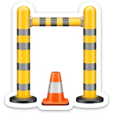 Two reflector-equipped traffic bollards with a caution tape stretched between them, marking a restricted or blocked area sticker