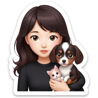 Asain girl with pink blush, wearing a black skinny top, long dark brown curled hair with straight bangs. Carrying a white kitten and a brown dashund puppy.  sticker