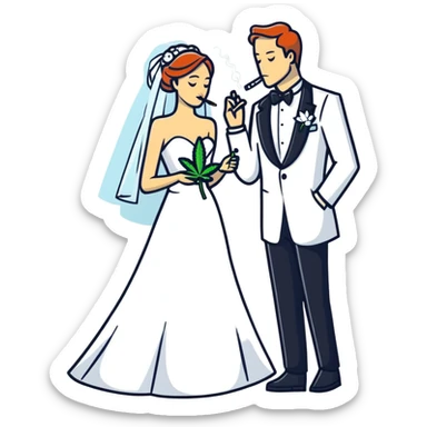 A bride in white wedding dress and groom in tuxedo, full body, smoking cannabis together, wedding couple sticker