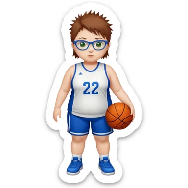 Full Body white chubby Girl with basketball spikey short brown hair  wearing blue glasses with green eyes wearing basketball uniform sticker