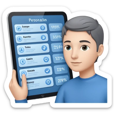 Create an image of an AI coach helping people set goals based on their hobbies. Show a person chatting with the AI, where the screen displays a list of steps and goals. Add elements of progress and personalization. Use a color palette that is associated with technology and innovation. sticker