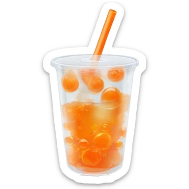 Realistic clear plastic cup half full of Transluscent soda with carbonation bubbles, carrot shaped ice cubes inside the cup and orange curly straw through the top  sticker