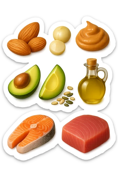 EMOJI STILE IPHONE DI
Frutta secca (mandorle, noci macadamia)
Burro di frutta secca (es. burro di arachidi)
Avocado (in piccole porzioni)
Semi
Olio extravergine d’oliva
Pesce grasso (salmone, tonno)
, fluttuano in aria REALISTICA 4K sticker