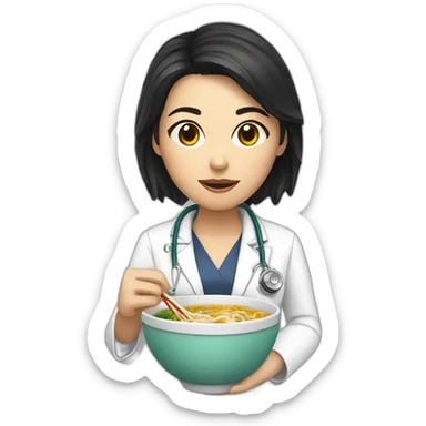 female doctor with dark hair eating ramen bowl sticker