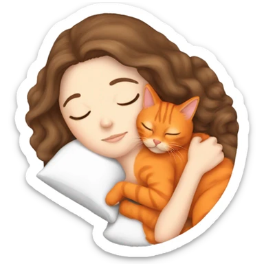 White girl brown hair sleeping with orange kitty sticker