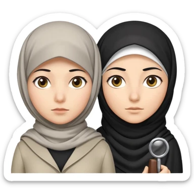 Generate 
1 detective she's white hair covered with hjab light eyes fair skin
1 detectective she's black NO HIJAB HAIR OUT BROWN skin 
they're right next to each other one has a hand lense the other has a sample  sticker