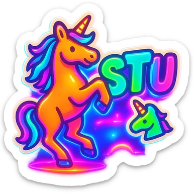 Enhance this emoji with strong neon effects: make the graffiti 'STU 🦄' and unicorn glow with bright neon colors and a dynamic light aura, suitable for Discord, keep the background as is. sticker