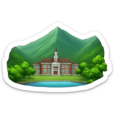 school with a beautiful green mountain in the background sticker