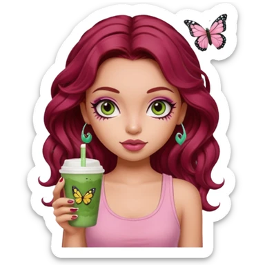 a pretty fair bratz girl with wavy dark red hair, wearing a pink tank top , carrying a matcha . eyeliner on. butterfly tattoo on arm sticker
