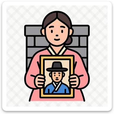 a young woman in a pale pink, sheer hanbok holding a traditional Korean portrait in front of a grey stone wall sticker