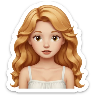white girl with strawberry blonde super long wavy hair, white tube top, blushed cheeks sticker