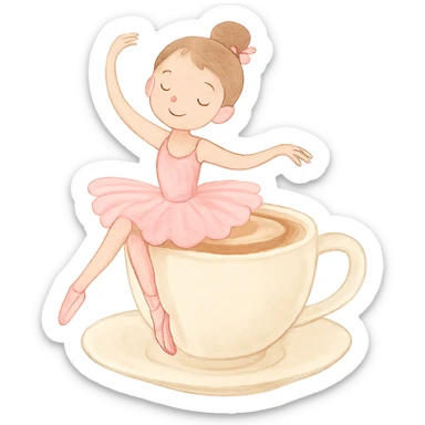 a playful and light ballerina sitting on the rim of a cappuccino cup, pastel colors, no background sticker
