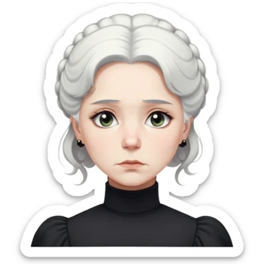 A Victorian woman with simple coiffed white hair and light eyes wearing a simple monochrome black turtleneck mourning dress with puffed sleeves looking down with a forlorn, miserable expression sticker