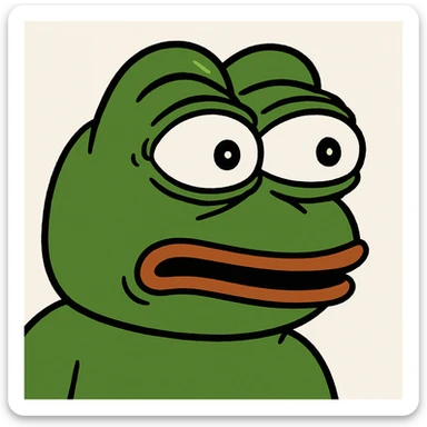 Pepe the Frog looking surprised, with wide eyes, classic Pepe style sticker