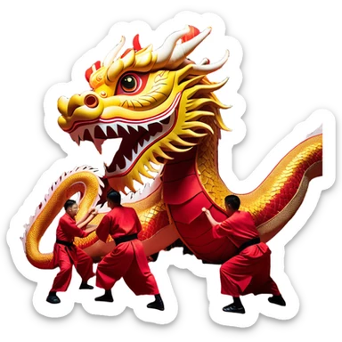 Cinematic Realistic scene of a traditional Chinese Dragon Dance featuring a team of performers skillfully manipulating a colossal, flexible dragon puppet, its intricately detailed, vibrant scales and flowing, embroidered fabric catching the light, set against a festive backdrop of red lanterns and dynamic red-tinged lighting that accentuates the majestic presence of the dragon puppet. sticker