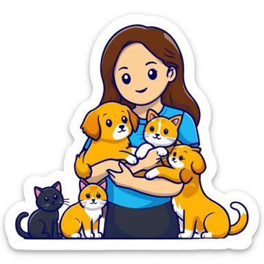 Beautiful woman with long brown hair holding a golden retriever and three cats sticker