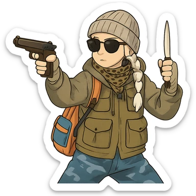 1 female, long white braid, knit cap, dark sunglasses, shemegh neckwrap, fishing vest, vibrant shool backpack, drab hoodie, handwraps, blue camo pants, makarov in 1 hand, bone shiv up and fighting backhand in the other hand sticker