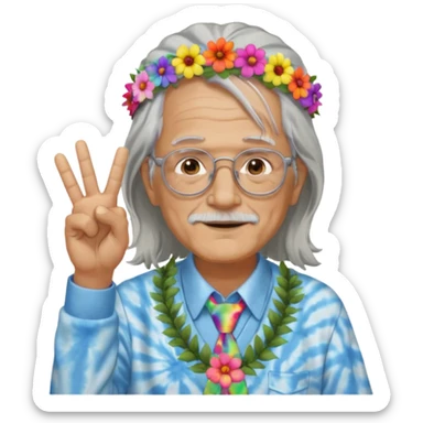 elderly man with long grey hair, glasses, peace sign necklace, tie-dye clothing, flower crown sticker