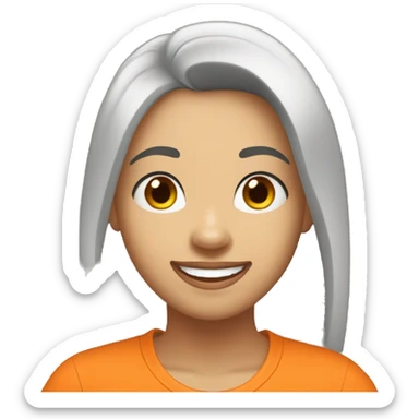 happy woman, black straight hair, light skin color, orange t-shirt writed "AMÉM!" sticker