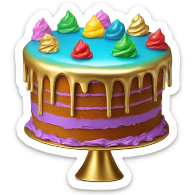 Realistic isolated colorful cake with metallic gold icing dripping from top and all down along the cake sticker