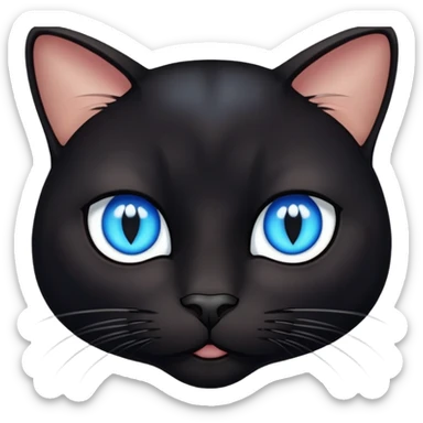 black cat face with bright blue eyes and a small white patch sticker