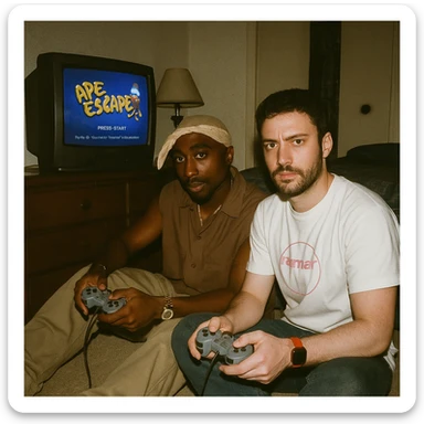 Create a grungy analog photo in 1999 style featuring a famous rapper in Tupac style (not recognizable) and the boy from the reference photo sitting on the floor of a dimly lit bedroom. They are in front of a 90s CRT TV showing Ape Escape on Playstation 1. Both hold Playstation 1 controllers and look towards the camera with flash. The atmosphere is analog, grunge, and unmodified, with the game visible on the screen. sticker