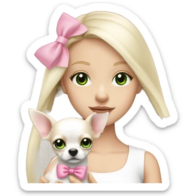pale blond girl with long platinum hair with green eyes holding a white chihuahua puppy that wearing a pink bow sticker