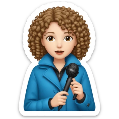 curly haired woman with winter clothes holding microphone sticker