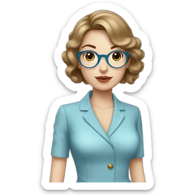 Une femme, yeux bleu amande, tenue chic, avec un bichon dans la main sticker