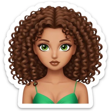 curly brown hair, green eyes, pretty makeup, pretty bratz baddie sticker