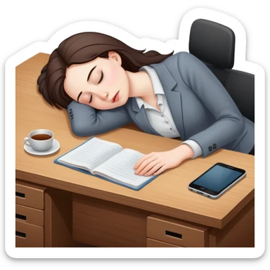 Exhausted office worker woman napping at plain desk, no computer sticker