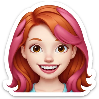 Young girl with pale skin, full pink lips smiling with big teeth, ginger red hair (very long), bigger nose, deep brown eyes (less green), big mouth sticker