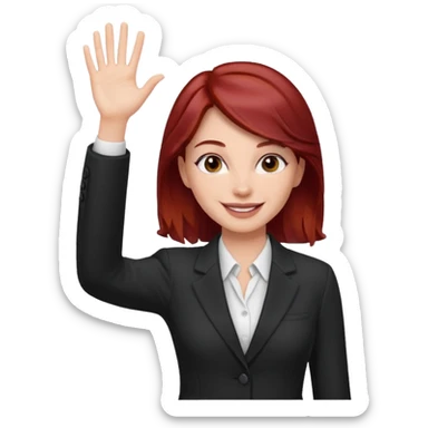 reate Emoji of white girl with bussines outfit is waveing with one hand and make her hair stronger dark red color please sticker