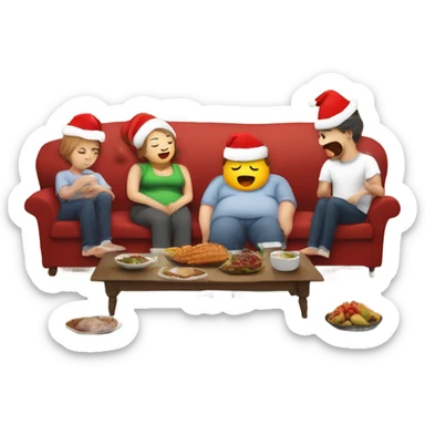 Family on couch wearing Christmas hats. Two people sleeping. One person burping with speech bubble saying ‘burp’. All with fat belly’s. Christmas dinner and turkey on the floor.  sticker