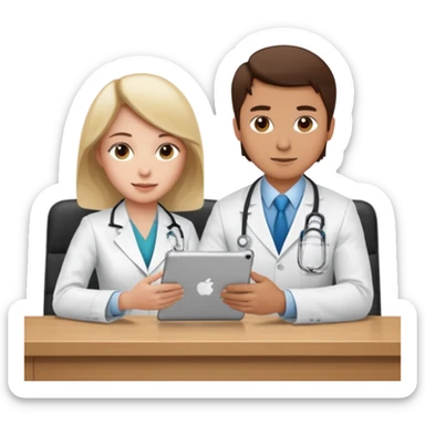 A sales rep showing content on and iPad to a physician who is sitting behind a desk sticker
