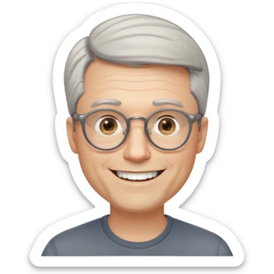 40 yr old pale white man, grey side swept hair, round glasses, big smile, white teeth, handsome, longer hair, thin glasses, no wrinkles sticker