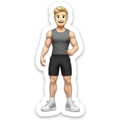 Full height Actively gesturing with hands Pale skinned Fit Man With the biceps and light brown hair with Bristle in dark gray Sleeveless Mike, black oversize sports shorts and white Sneakers sticker