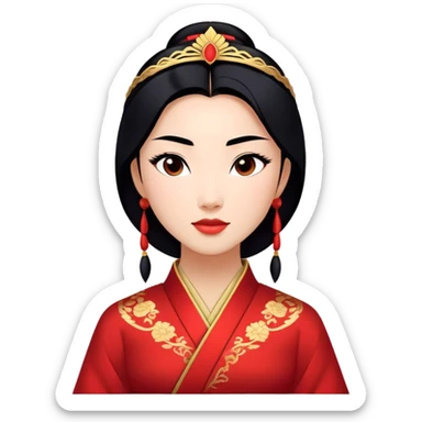 Cinematic Majestic Mulan Portrait Emoji, rendered in a clean, vector-style with bold, simplified shapes. Depict Mulan with a serene, noble expression, warm light skin, and neatly styled black hair, dressed in traditional attire featuring subtle red motifs and gold trim. The image glows with a calm, majestic aura, high shine, and a soft glowing outline, embodying classic elegance. sticker