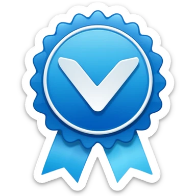 A flat blue verified badge icon with a white checkmark, 12-point rounded rosette shape, vibrant blue gradient, white background." sticker
