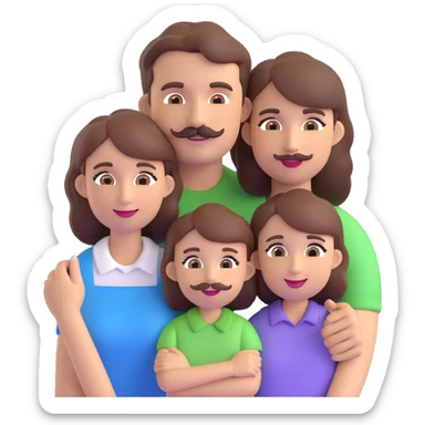 a family of three: mom with brown hair, dad with brown hair and a mustache, and a brown-haired daughter, all together, friendly 3D emoji style sticker